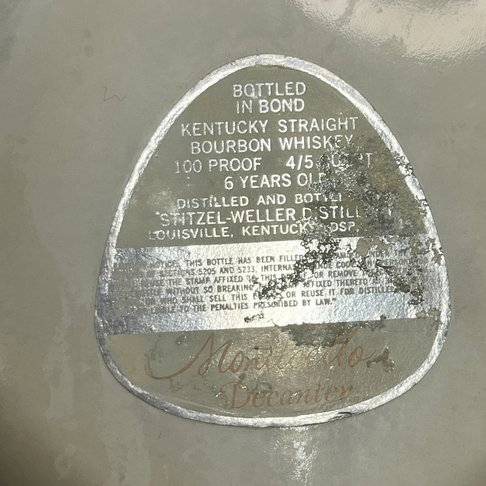 Vtg Stitzel-Weller Monticello Milk Glass Decanter‎ 1849 Stopper Bourbon Bottle
